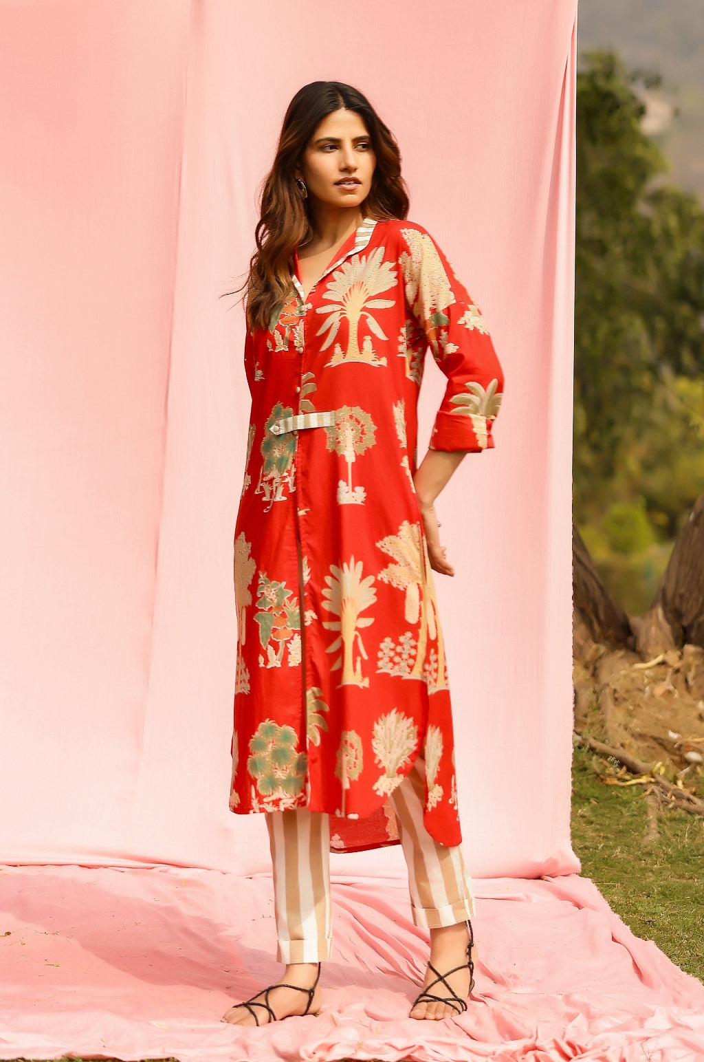 Sunset Palm Print Kurta-Pant Set