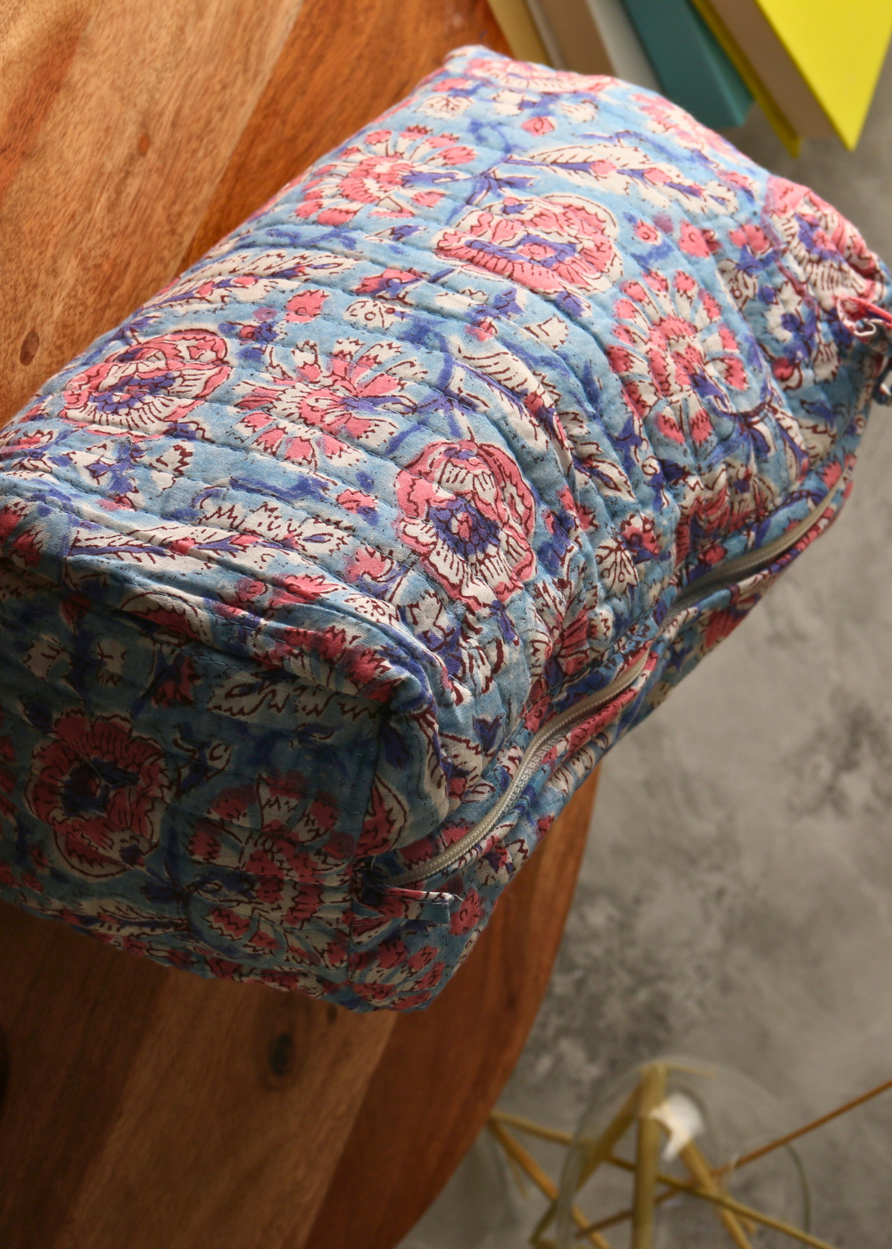Block Printed Blue Floral Toiletry Bag - Medium