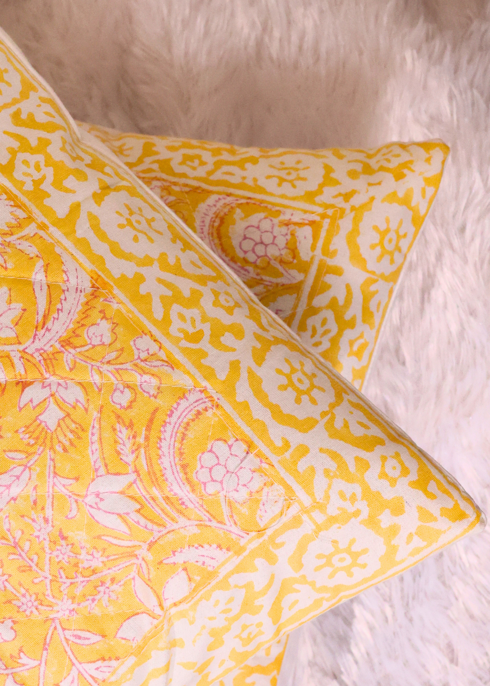 Yellow Patterned Block Print Cushion Cover - set of 2