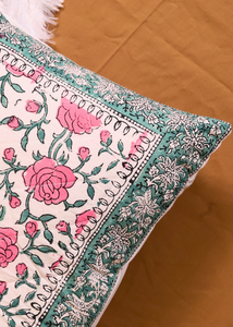 Pink Roses Block Printed Cushion Cover - set of 2