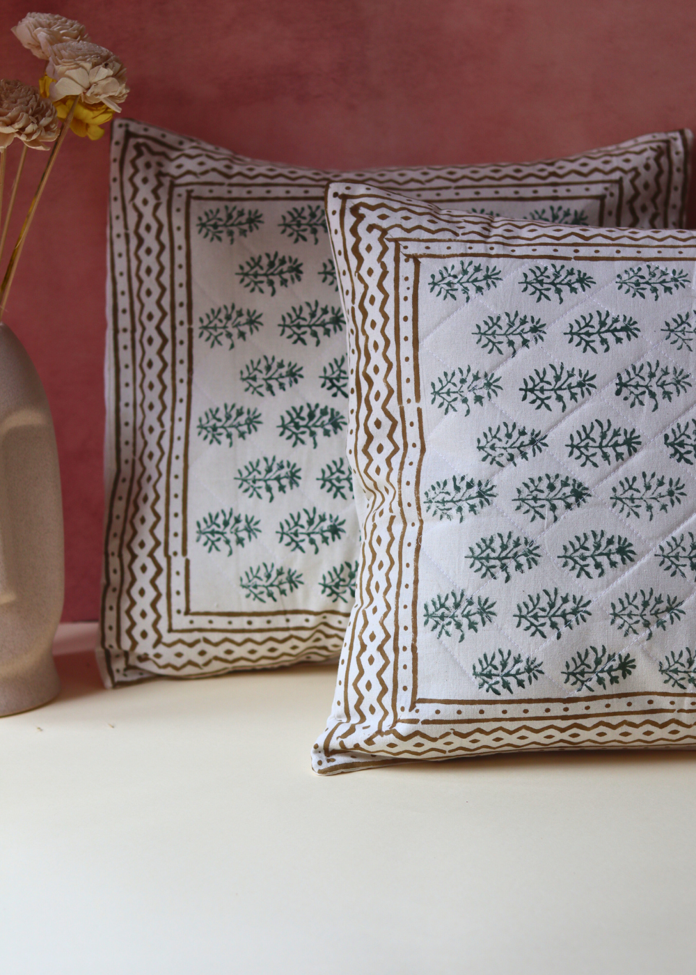 Green Motifs Quilted Cushion Cover- set of 2
