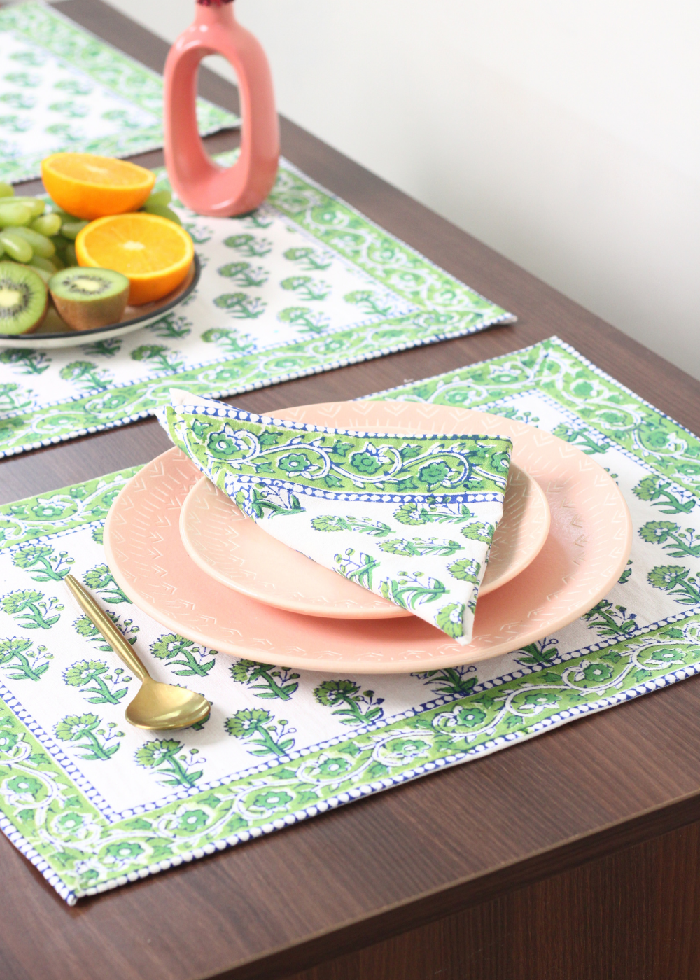 Green Floral Block Print Table Mat & Napkin - set of 2