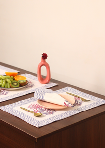 Pink & Grey Floral Block Print Table Mat & Napkin - set of 2