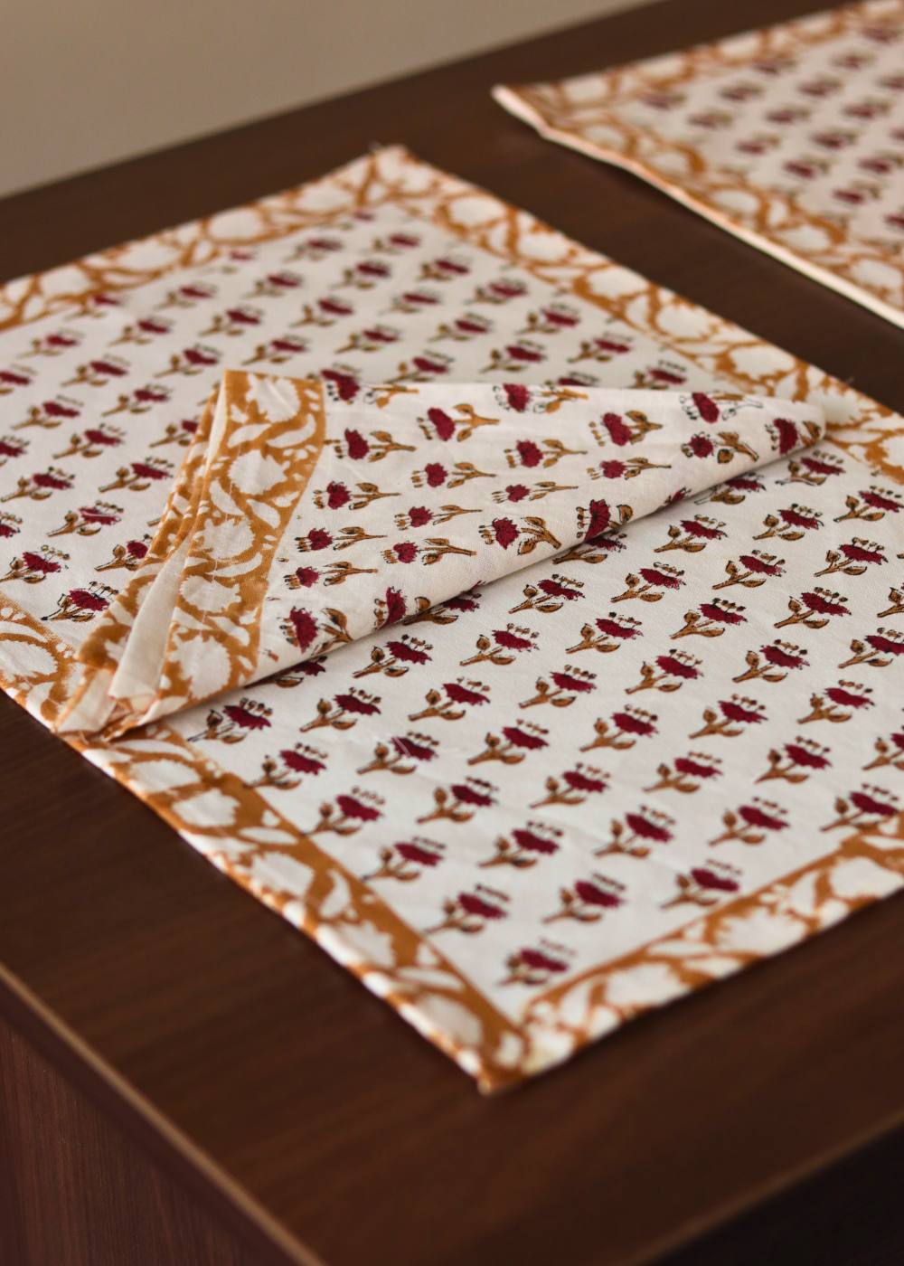 Orange & Maroon Floral Printed Table Mat & Napkin - set of 2