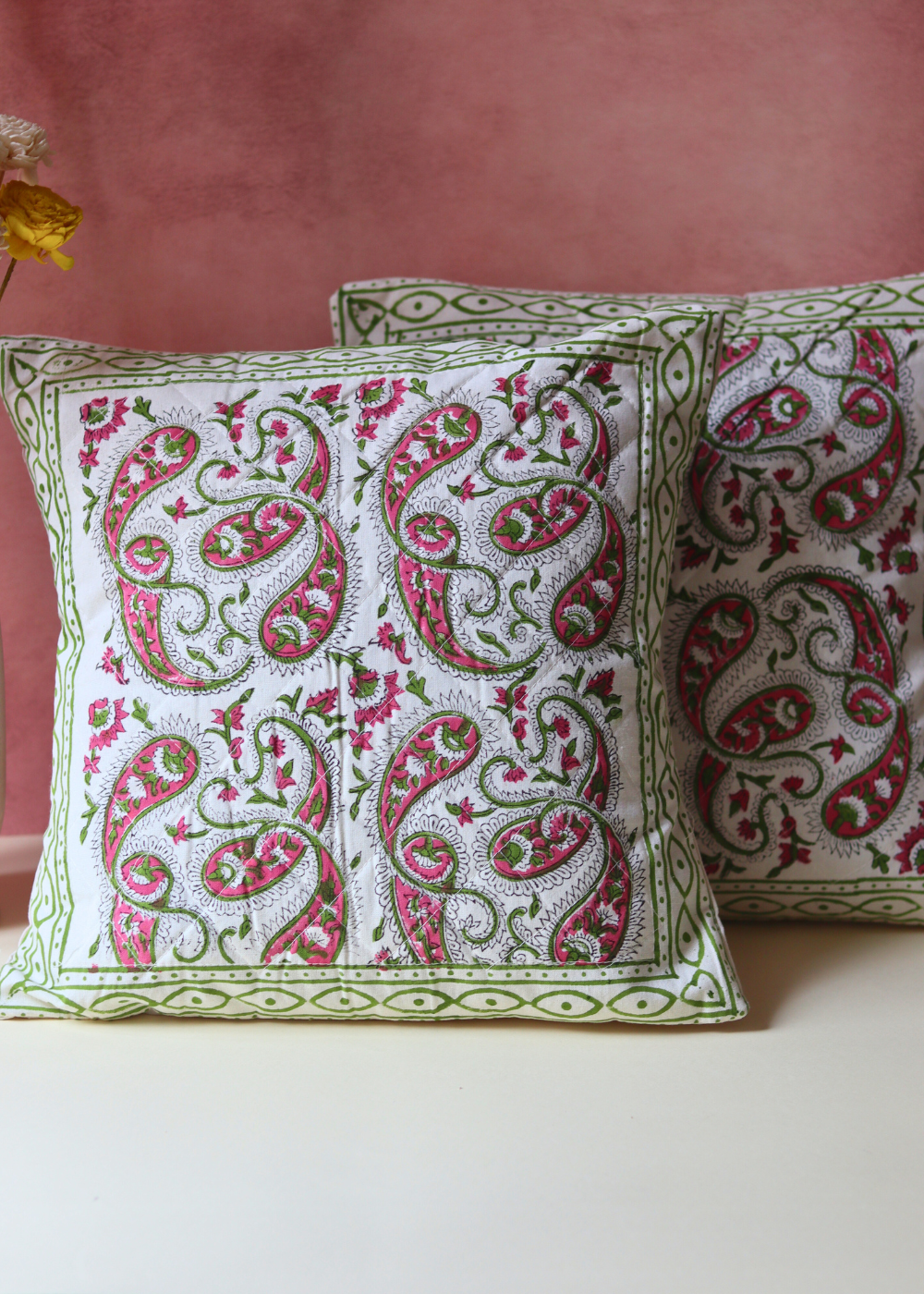 Green & Maroon Quilted Block Printed Cushion Cover - set of 2