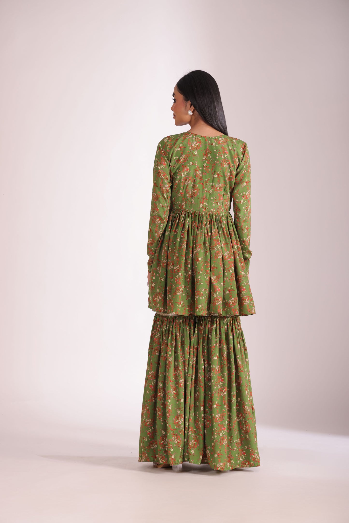 Gulzar Green printed Peplum with Gharara and dupatta- set of 3