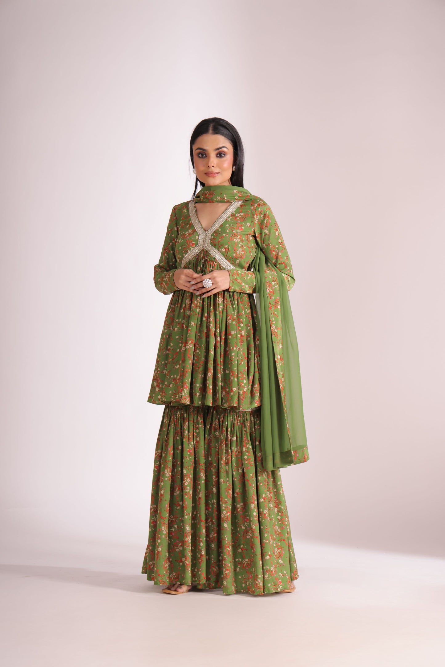 Gulzar Green printed Peplum with Gharara and dupatta- set of 3