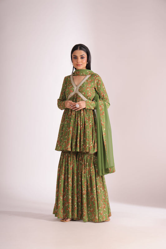 Gulzar Green printed Peplum with Gharara and dupatta- set of 3