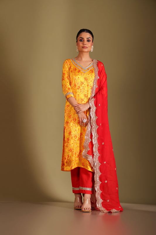 Gulzar Yellow printed Kurta with Pant and dupatta- set of 3
