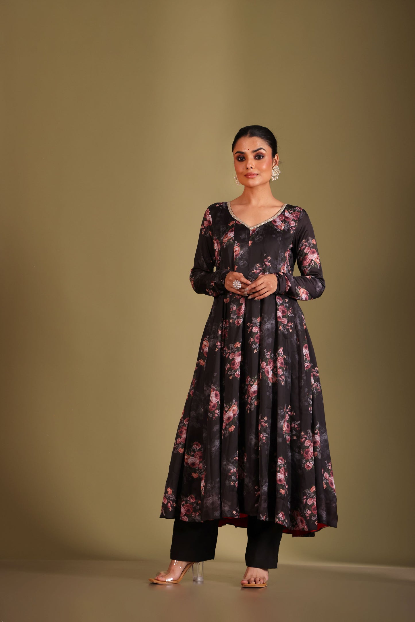 Gulzar Black Floral printed anarkali with pant and dupatta- set of 3