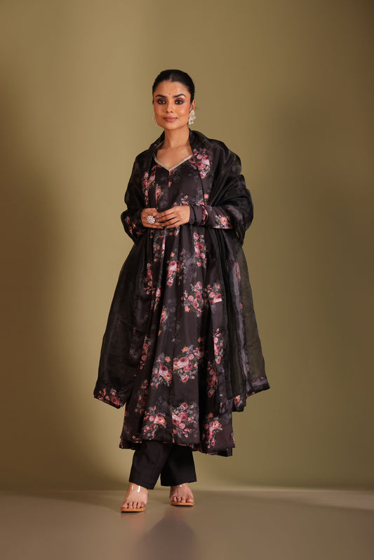 Gulzar Black Floral printed anarkali with pant and dupatta- set of 3