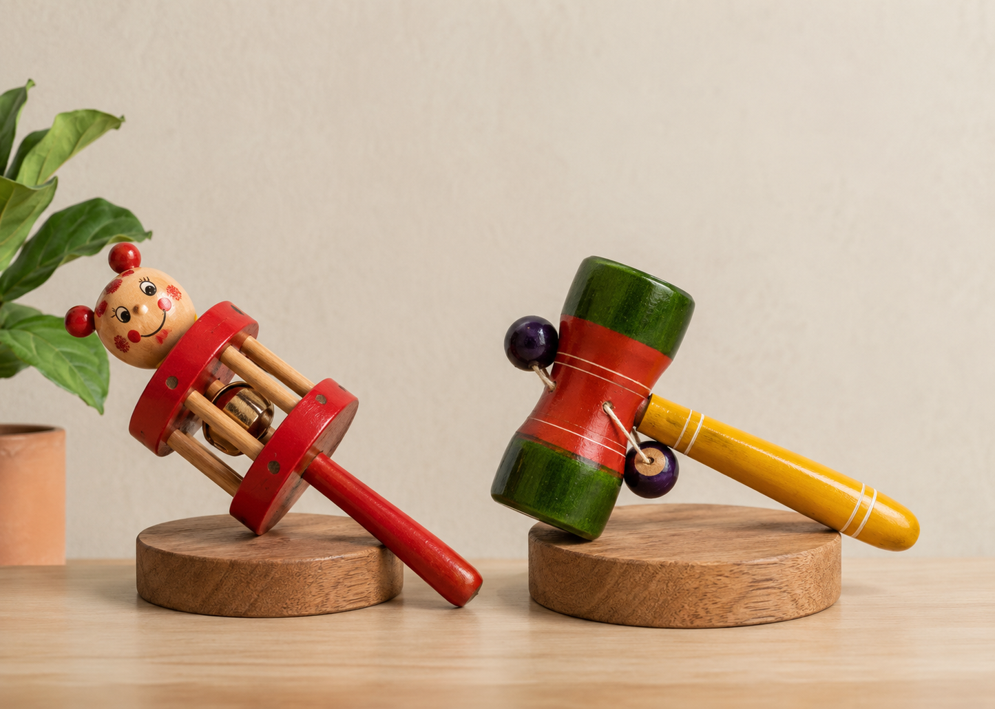 Two colorful wooden toys on a wooden surface with a neutral background. hand made and baby safe