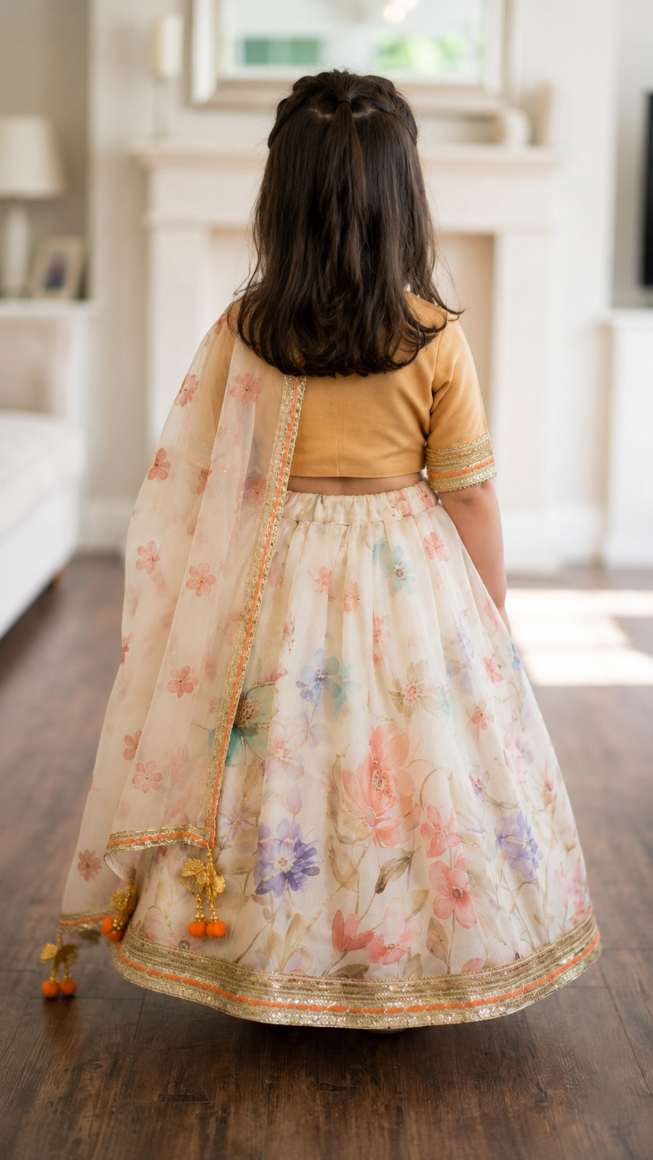 A young girl viewed from behind wearing a traditional Indian lehenga choli set. The outfit features a mustard yellow short-sleeve blouse, a cream-colored skirt with a pastel floral print, and a matching sheer cream dupatta with gold borders and tassels, set against a blurred indoor background.