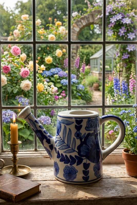 Decorative teapot on a windowsill with a garden view