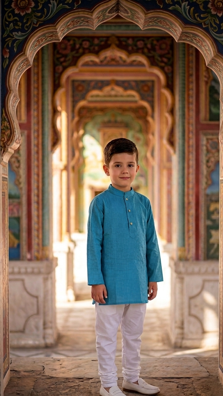 A young boy wearing a bright turquoise blue kurta and white trousers stands in a grand, ornate architectural corridor with arches.