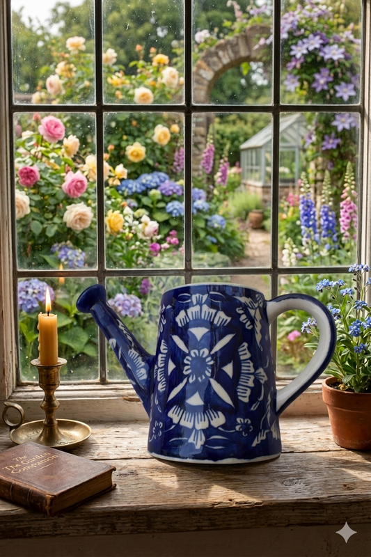 Blue and white floral-patterned teapot on a wooden windowsill with a garden view.