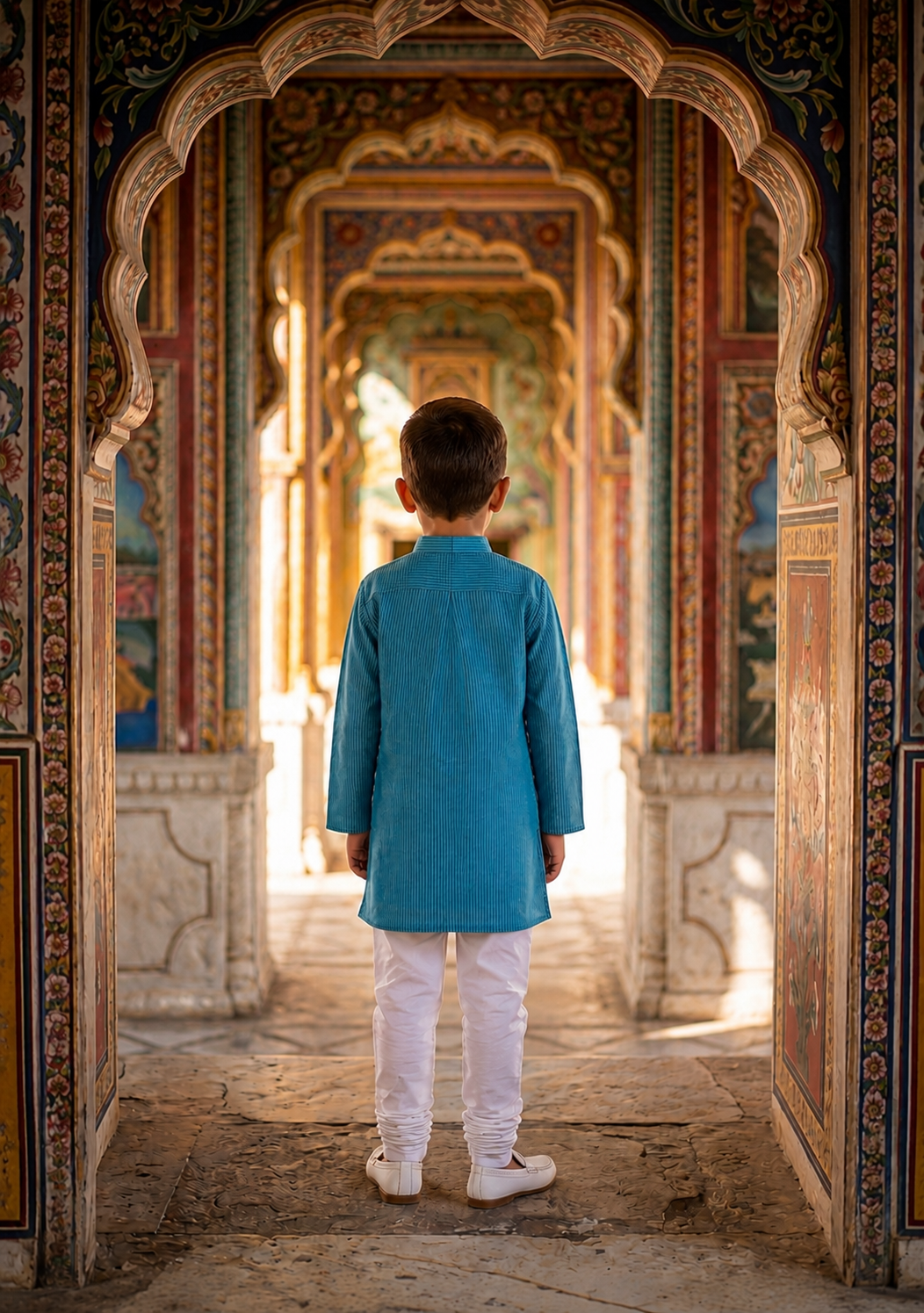 A young boy viewed from behind, wearing a bright turquoise blue kurta and white trousers, standing in a stone corridor framed by ornate, colorful arches.
