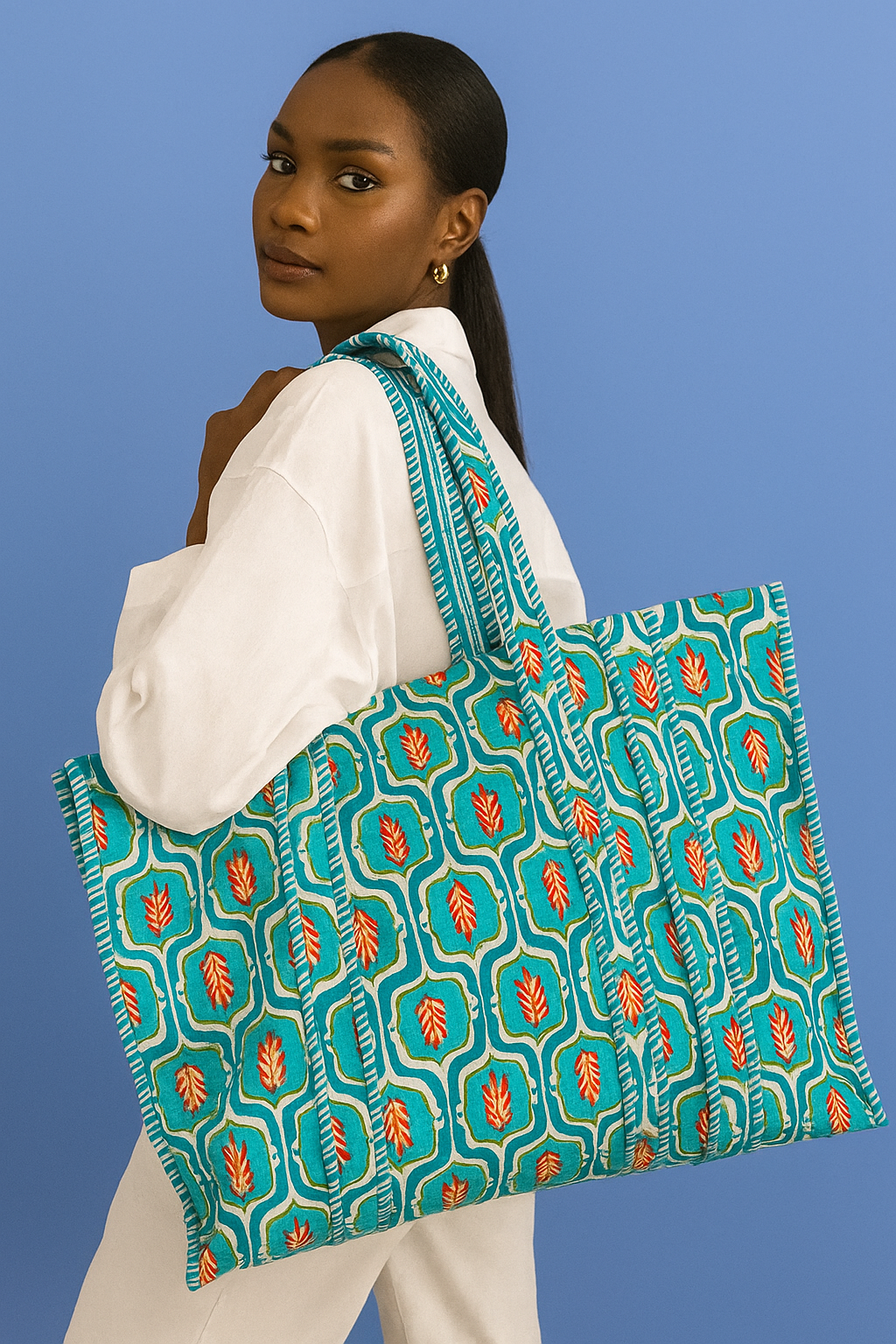 Blue Flower Motif Tote Bag