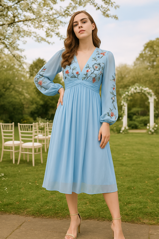 Floral Embroidered Puff Sleeve Chiffon Fit & Flare Midi Dress