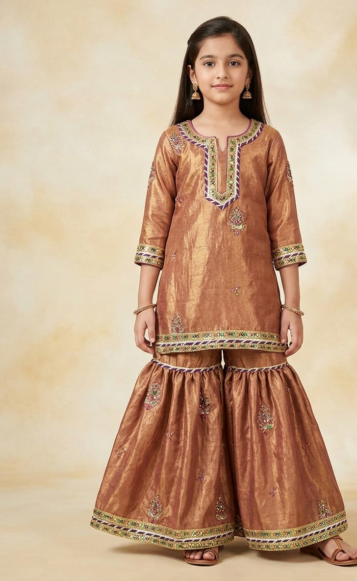 A young girl modeling a traditional metallic cooper -brown sharara suit with intricate multicolor embroidery, set against a warm beige textured studio backdrop.