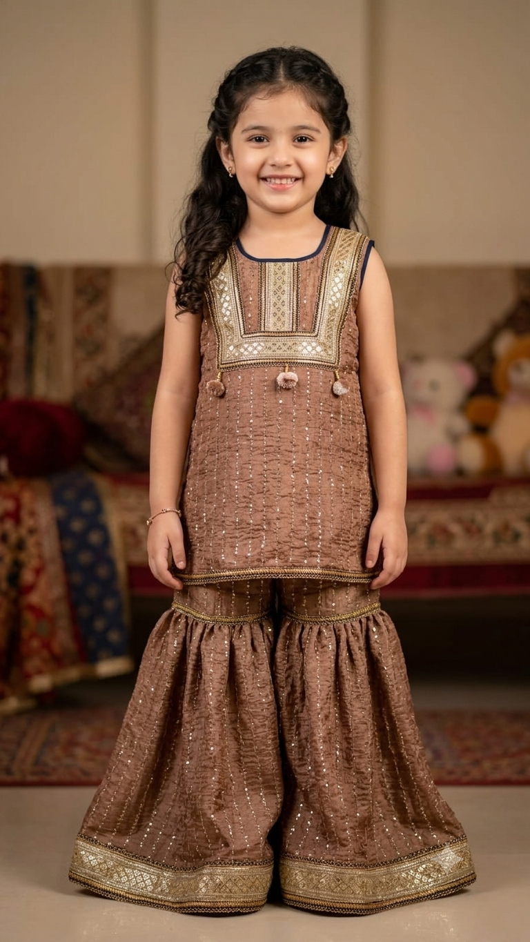 A young girl stands indoors wearing a brown traditional outfit with metallic gold embroidery and wide flared pants. The background shows a softly blurred living room interior with cushions and a rug.