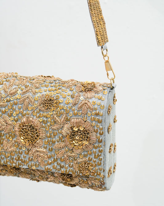 Golden silver flower clutch