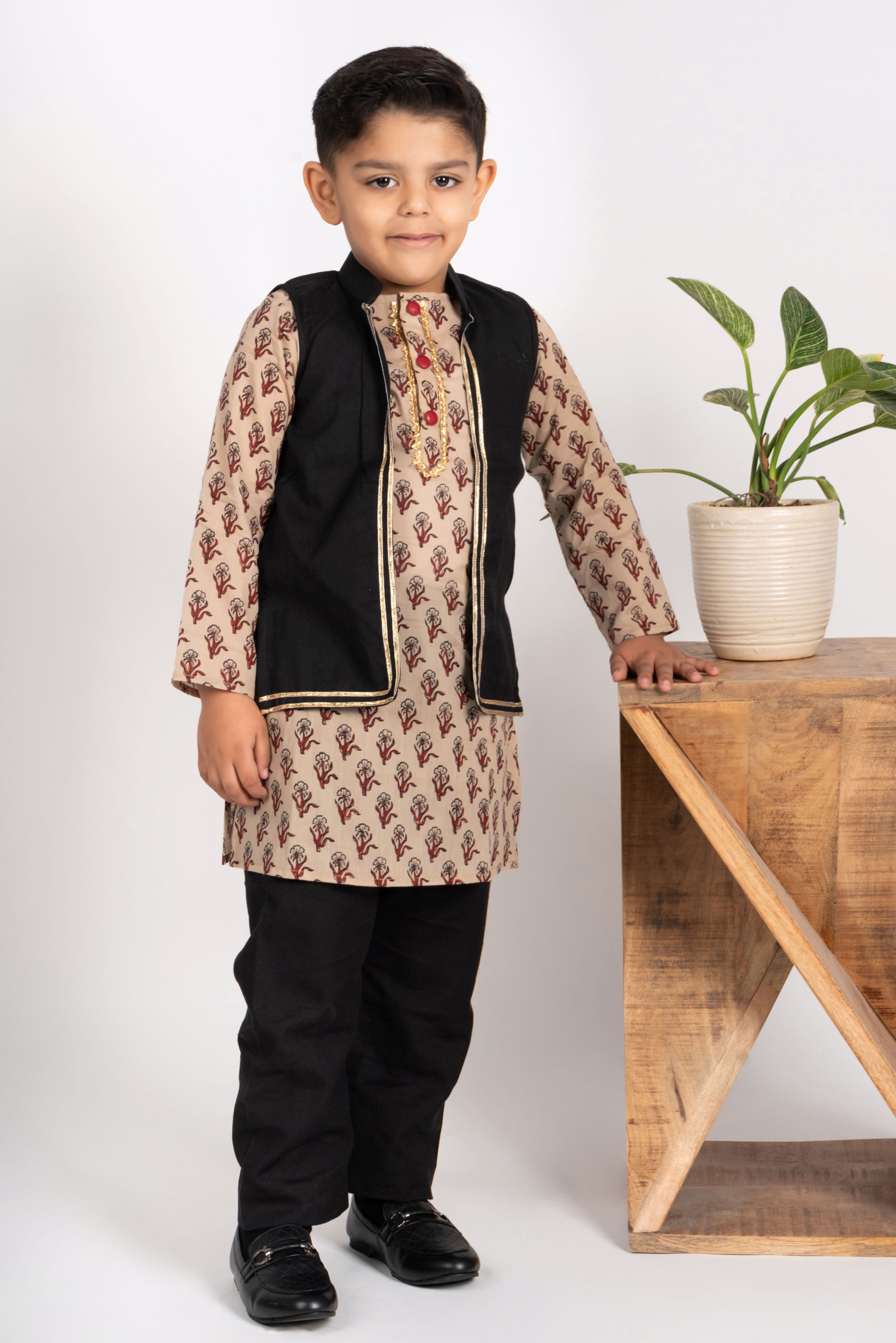 Boys black & brown kurta payjama jacket set