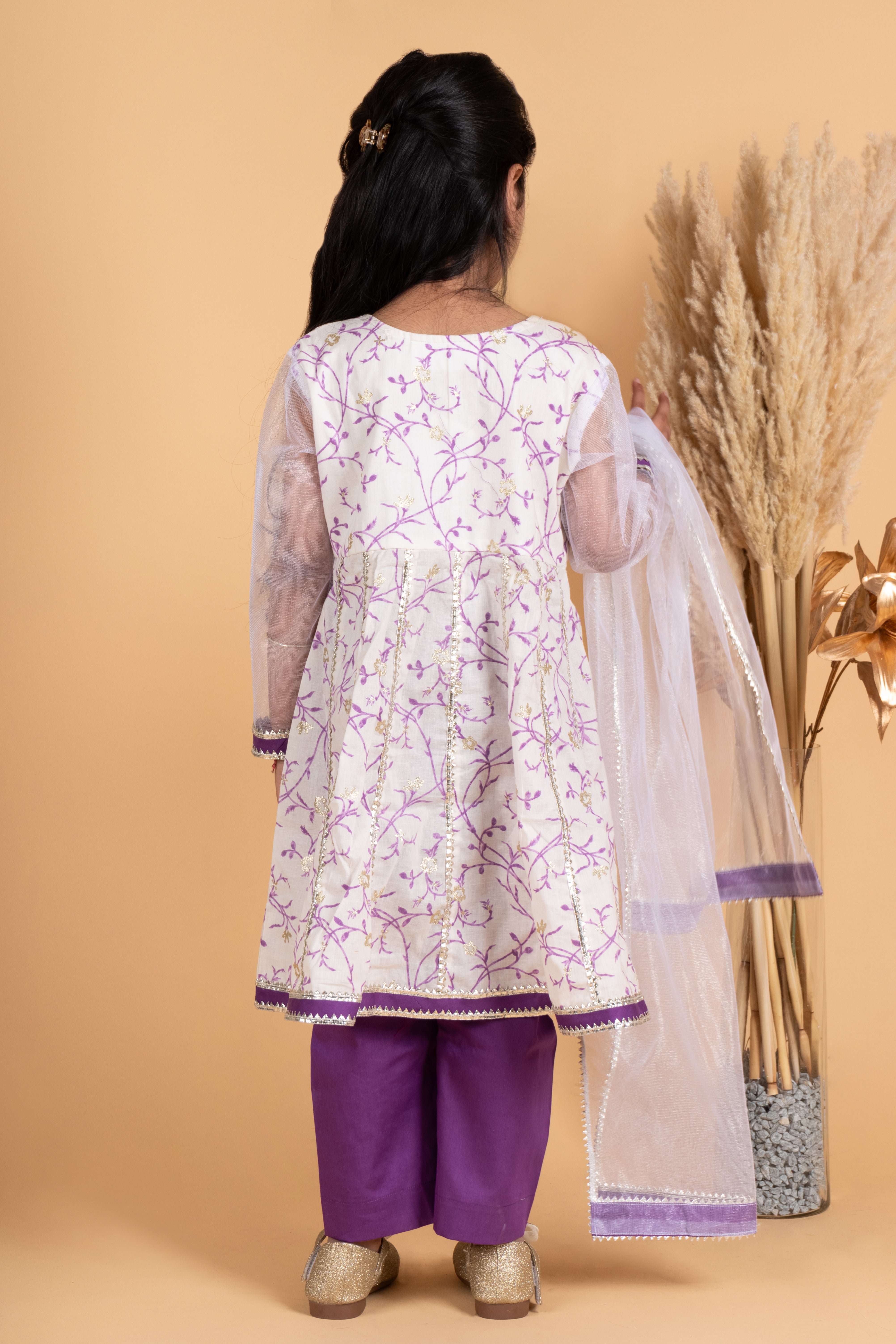 Purple and white floral girls kurta payjama set