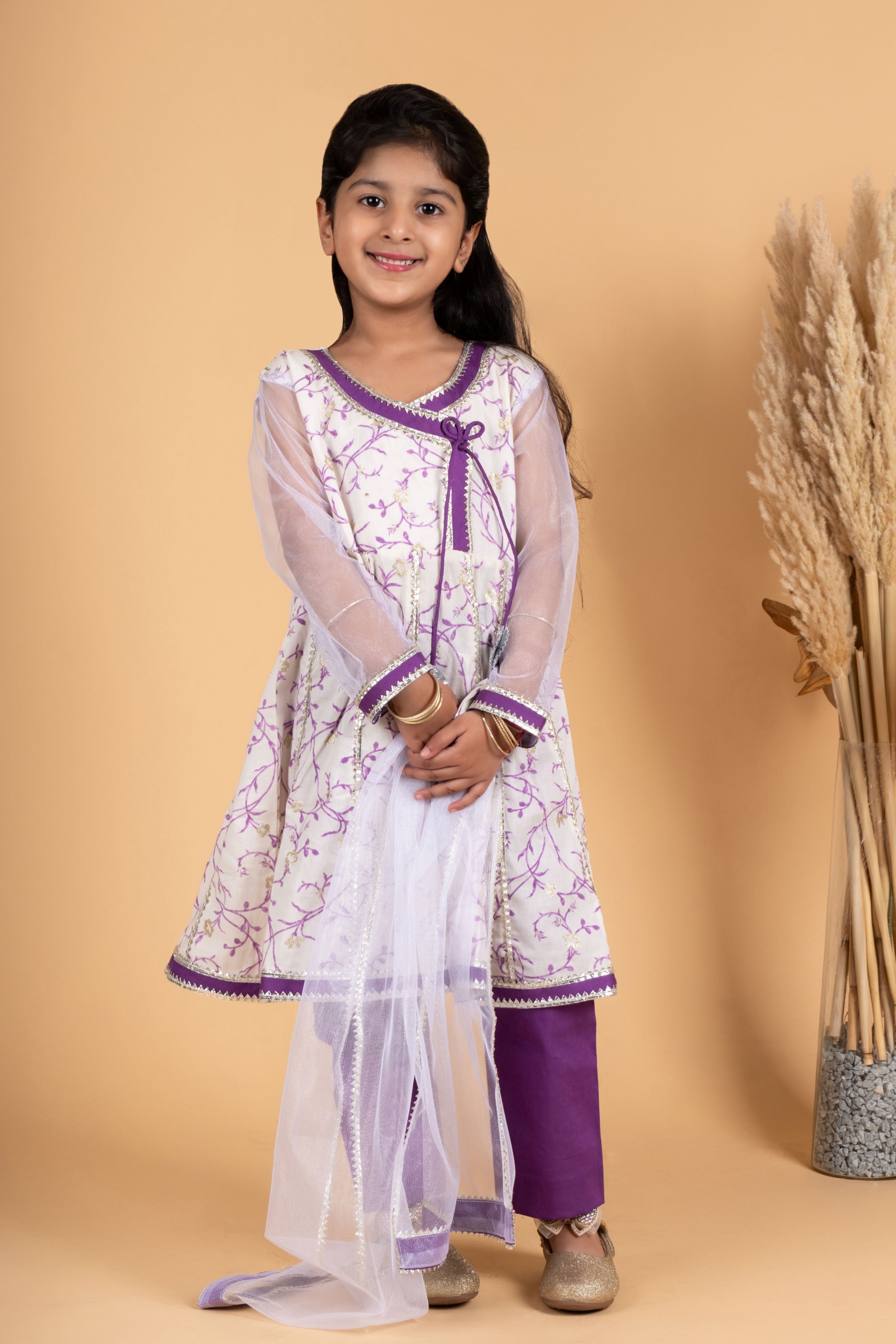 Purple and white floral girls kurta payjama set