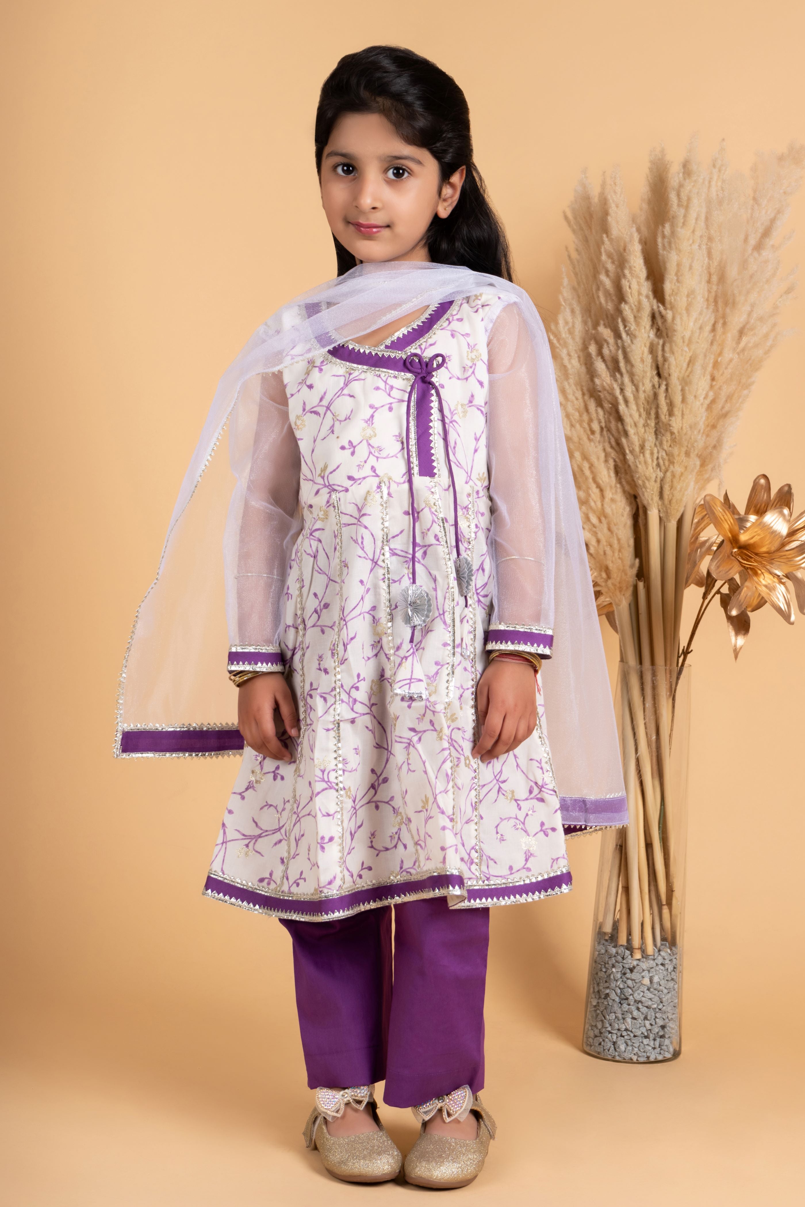 Purple and white floral girls kurta payjama set