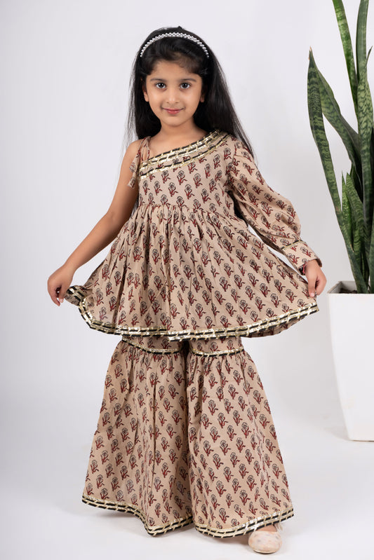 Girls beige kurta coord sharara set