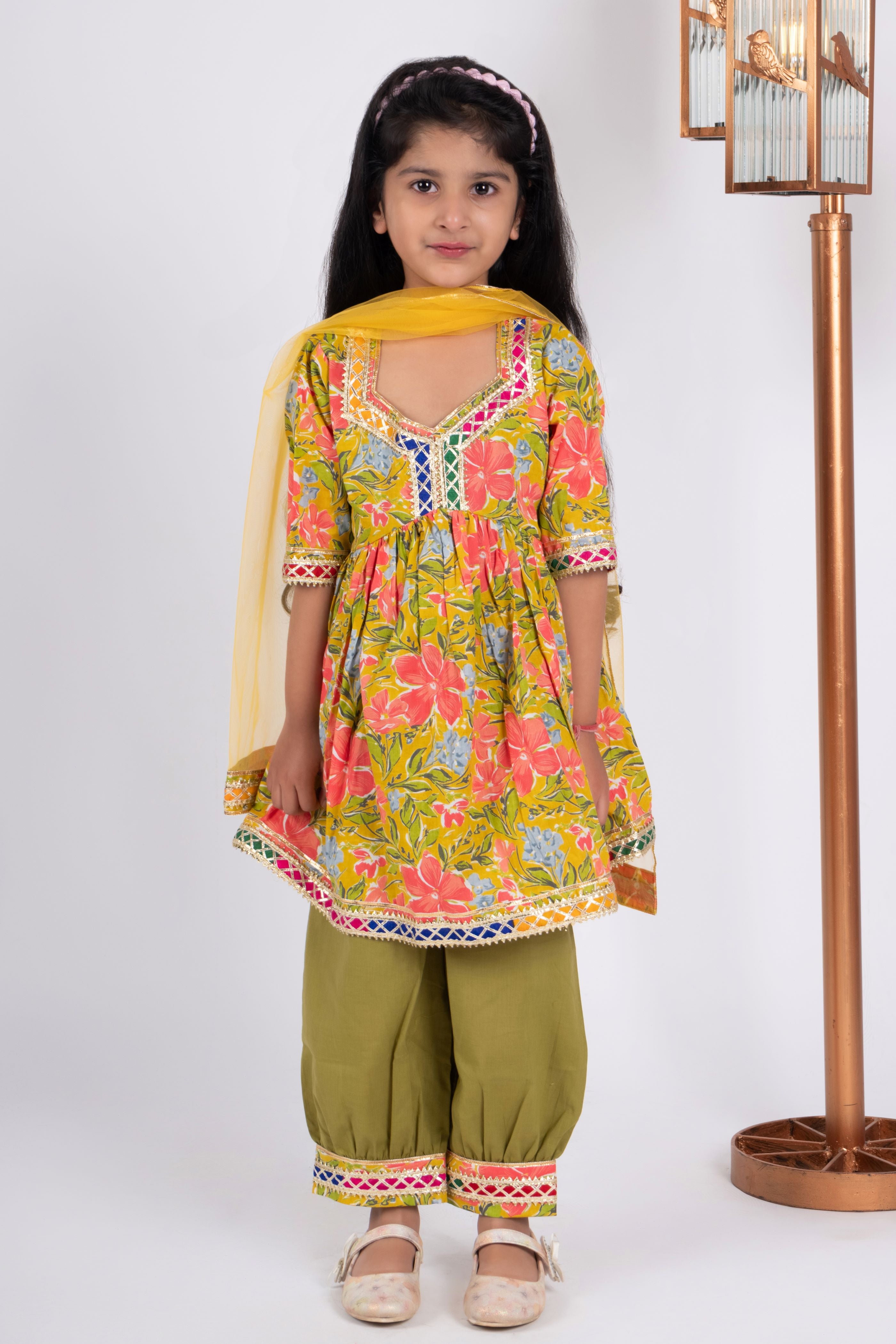 Girls yellow floral kurta payjama set