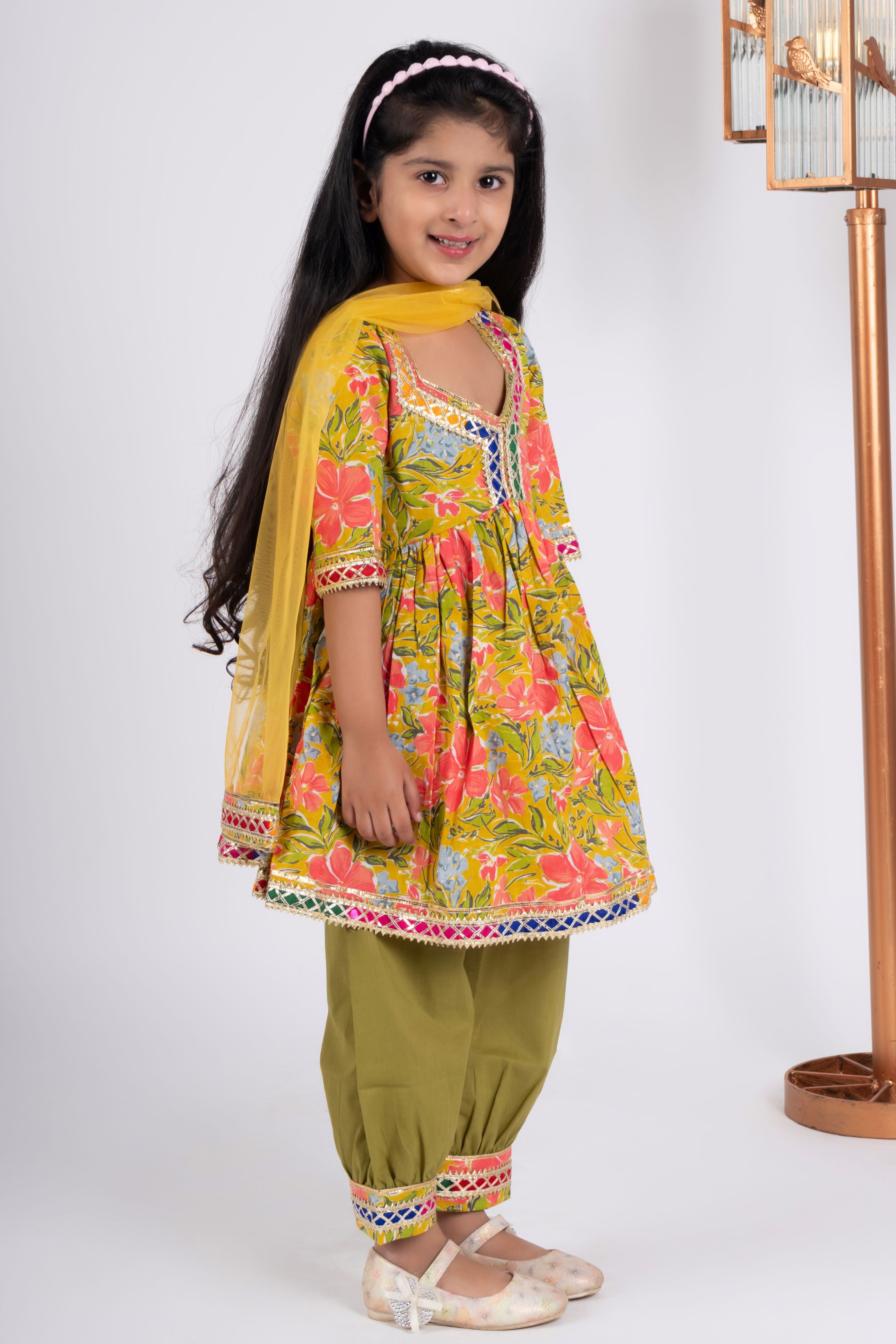 Girls yellow floral kurta payjama set