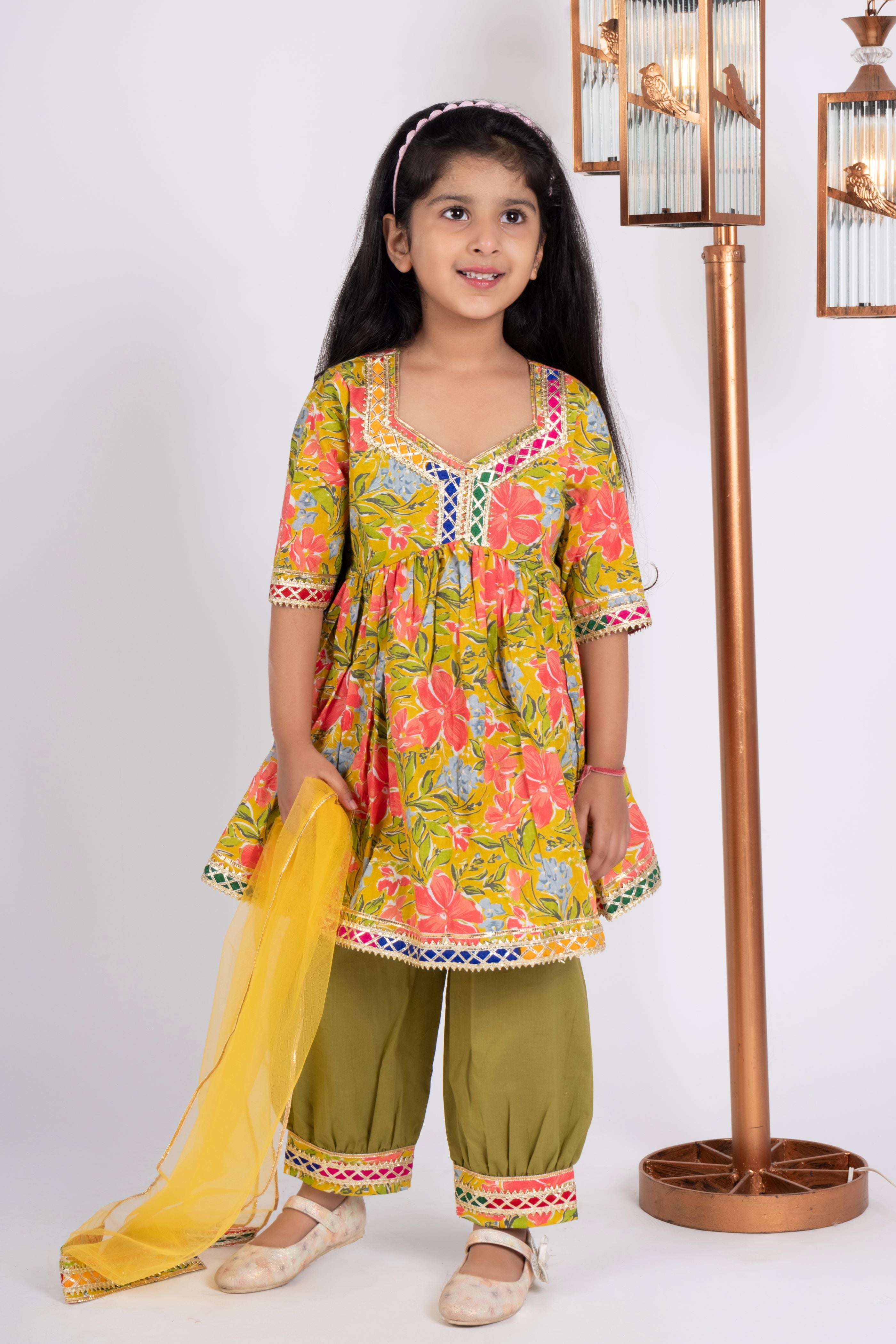 Girls yellow floral kurta payjama set