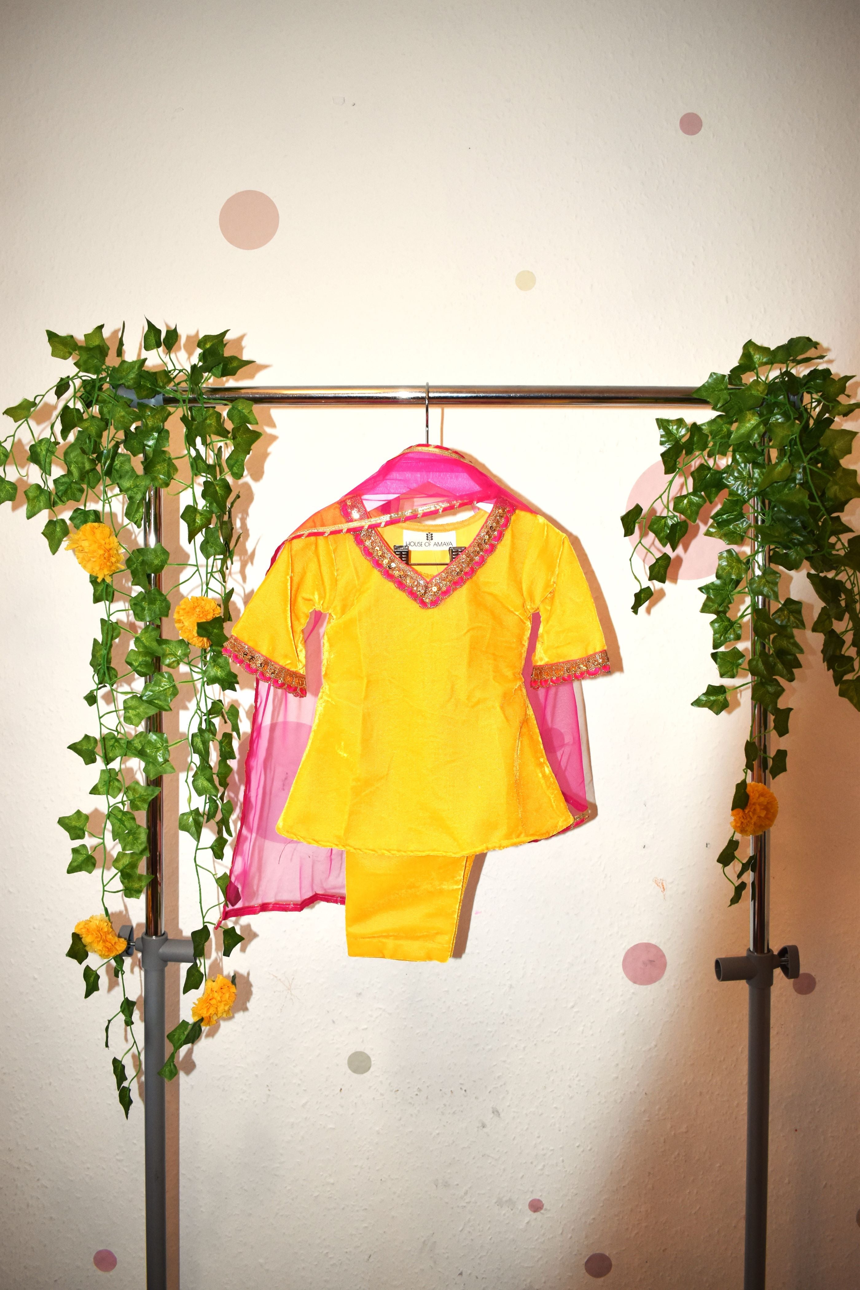 Yellow - girls velvet coord set with pink net dupatta