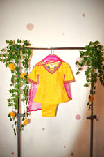 Load image into Gallery viewer, Yellow - girls velvet coord set with pink net dupatta
