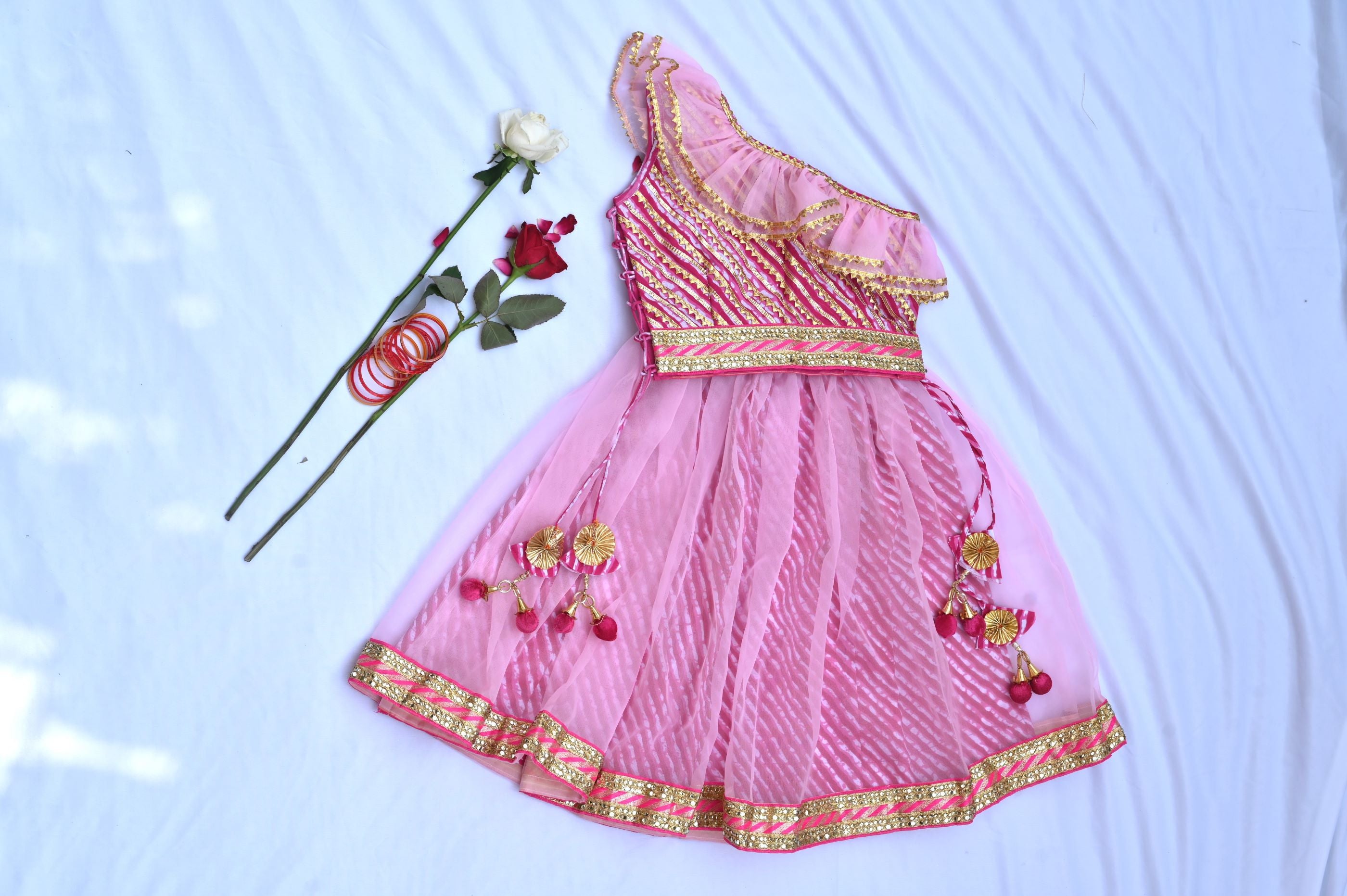 Off shoulder girls pink lehenga