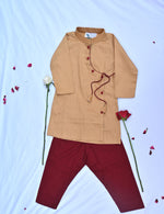 Load image into Gallery viewer, Boys gold  and maroon traditional kurta payjama set
