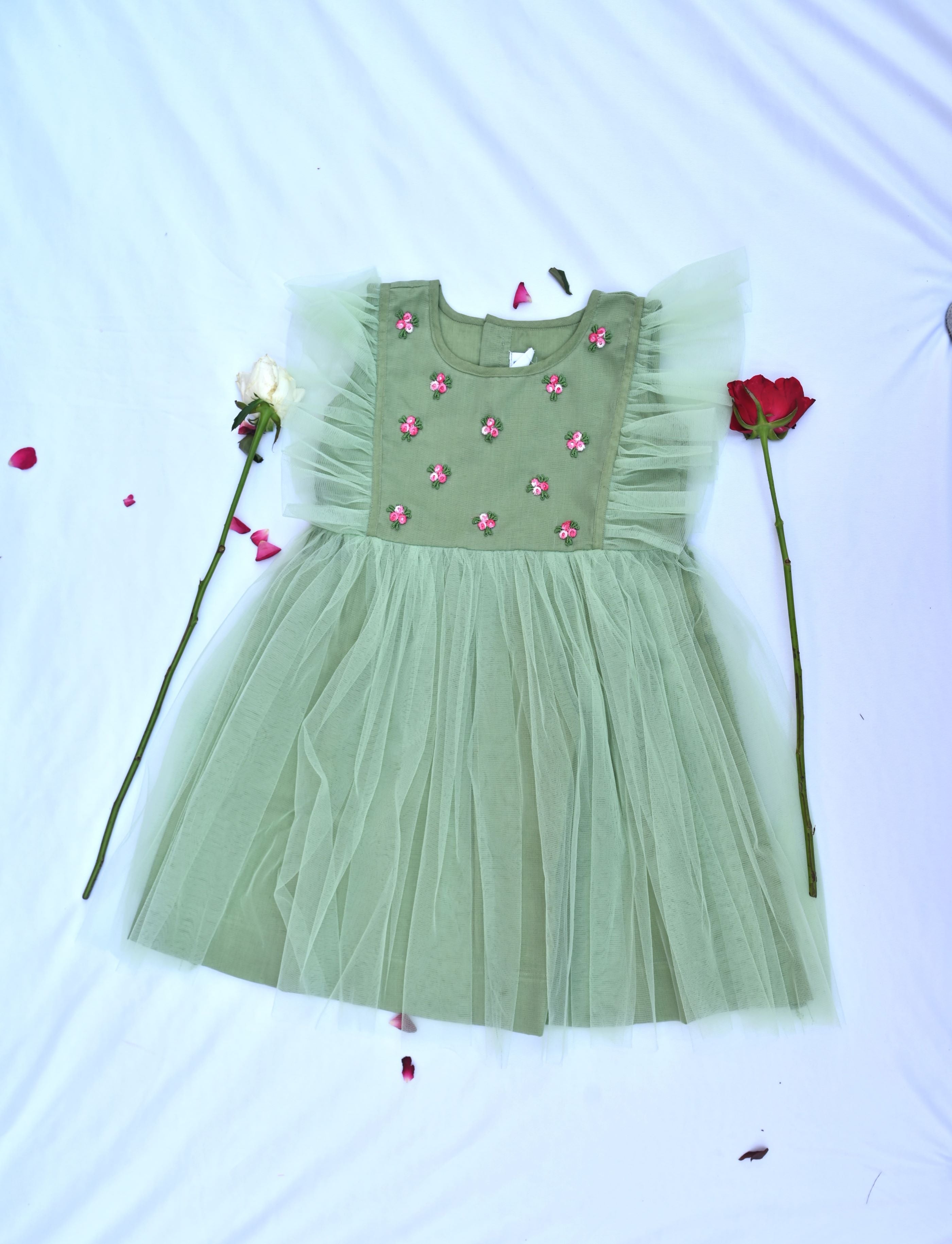 Pista green flare shoulder dress