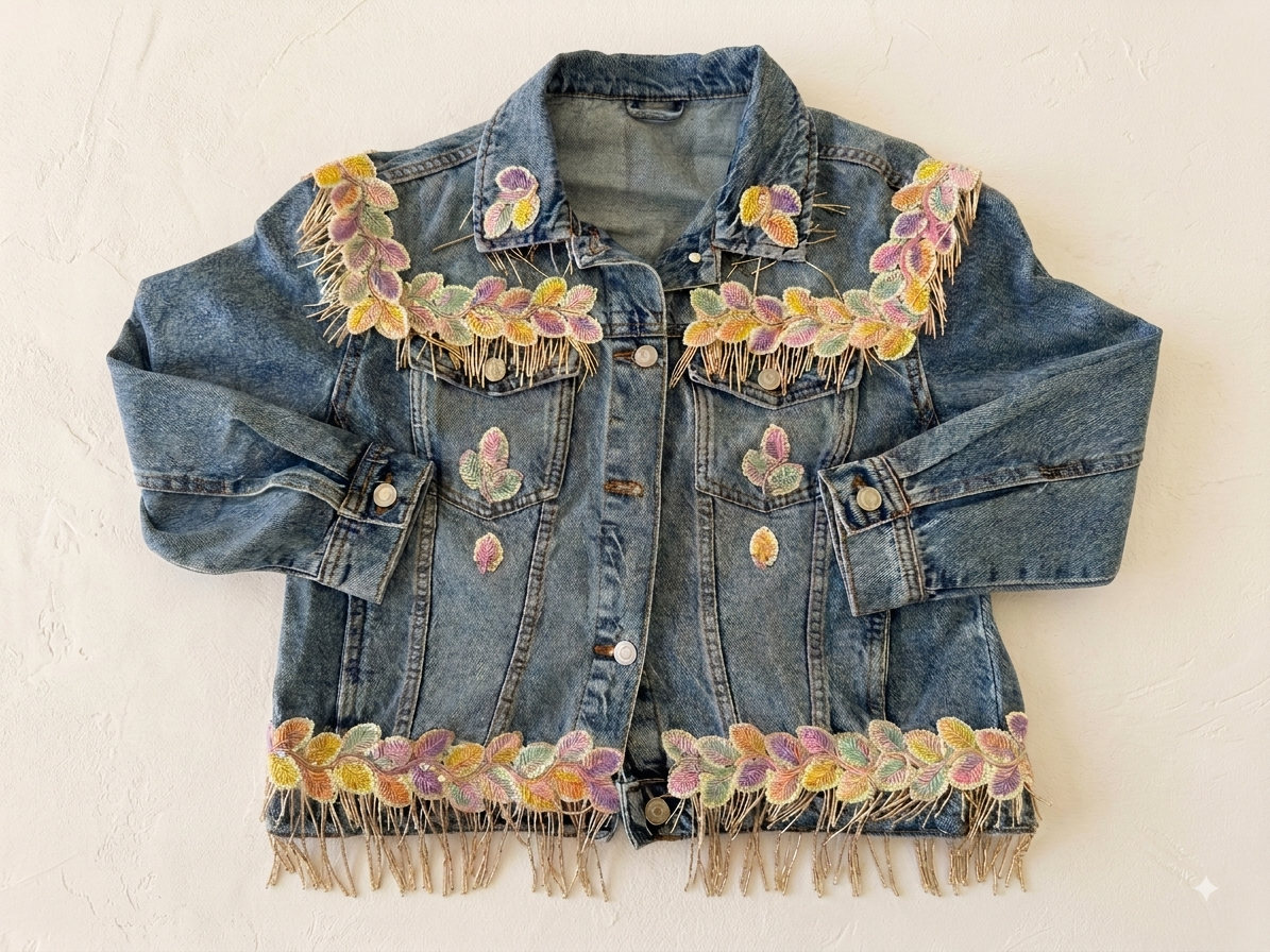 A blue denim jacket decorated with colorful embroidered floral patterns and fringed trim, laid flat against a light textured background.