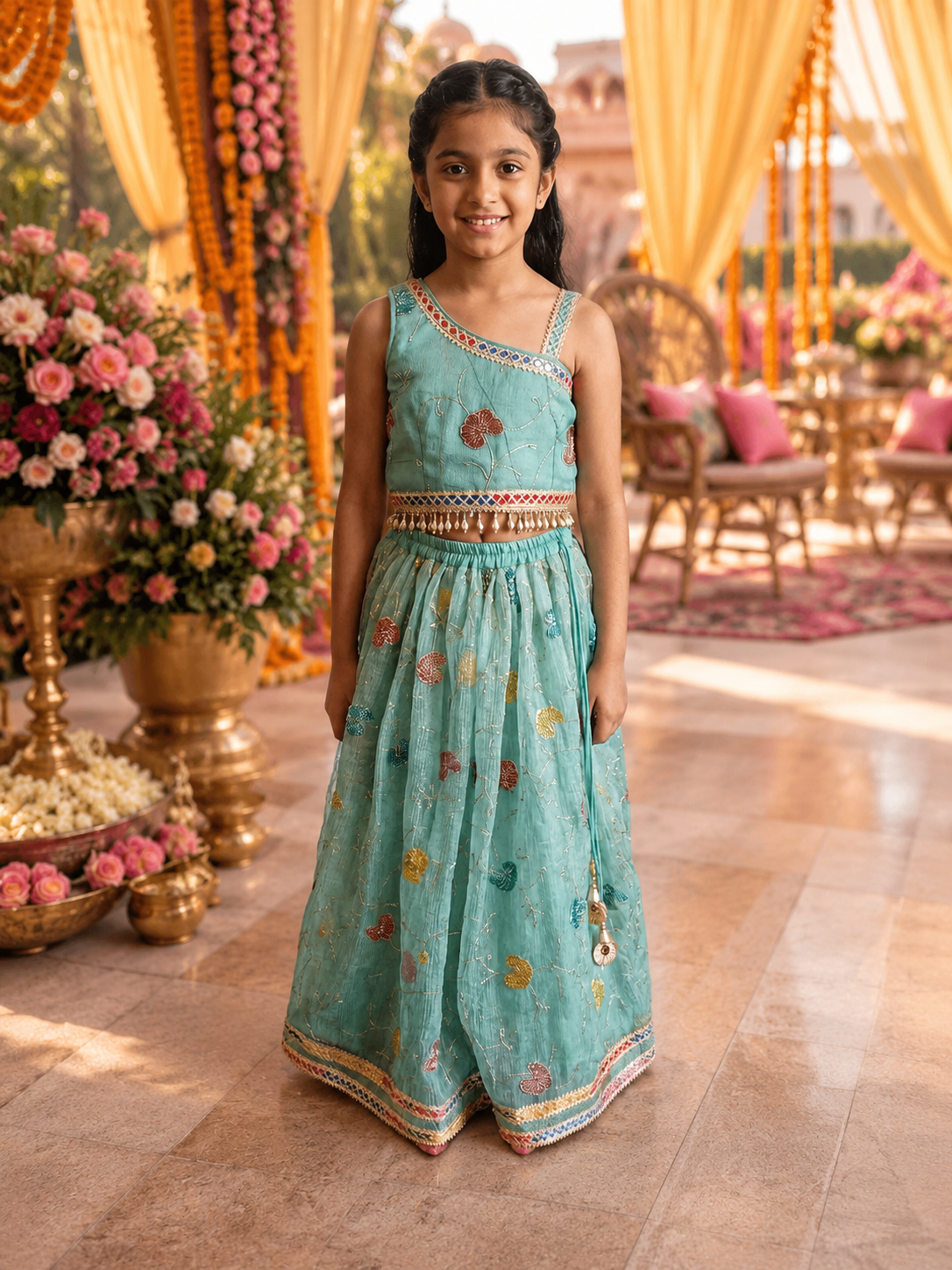 A young girl stands in a decorated indoor event space wearing a sleeveless turquoise traditional dress with colorful floral embroidery and a gold-toned embellished waistband. The background features warm yellow drapery, floral arrangements, and seating.
