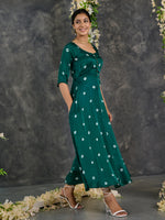 Load image into Gallery viewer, Green Bandhani Modal Satin Fit &amp; Flare Dress
