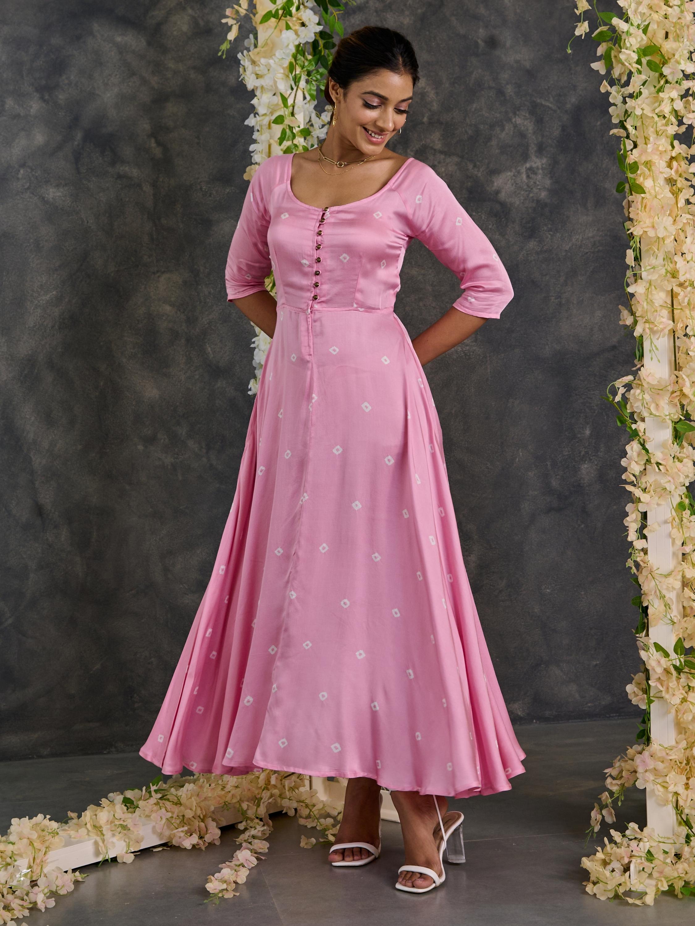 Pink Bandhani Modal Satin Fit & Flare Dress