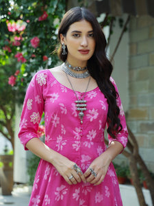 Pink Floral Dabu Print Fit & Flare Maxi Dress