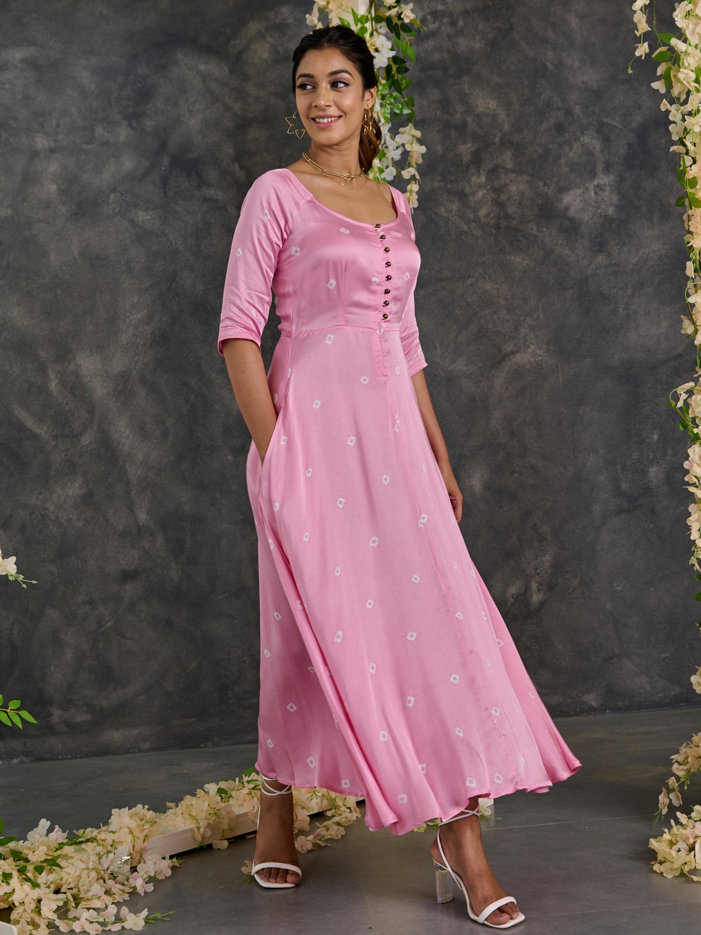 Pink Bandhani Modal Satin Fit & Flare Dress