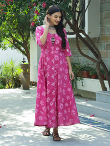 Pink Floral Dabu Print Fit & Flare Maxi Dress