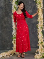 Load image into Gallery viewer, Red Bandhani Modal Satin Fit &amp; Flare Dress
