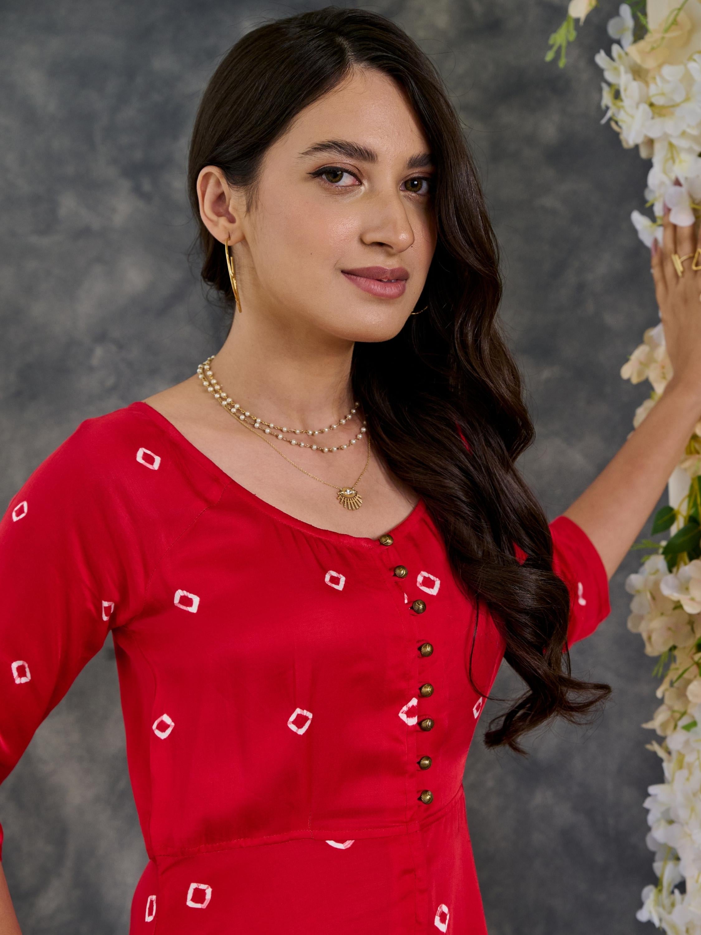 Red Bandhani Modal Satin Fit & Flare Dress