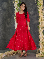 Load image into Gallery viewer, Red Bandhani Modal Satin Fit &amp; Flare Dress
