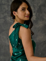 Load image into Gallery viewer, Green Bandhani Modal Satin One- shoulder Dress
